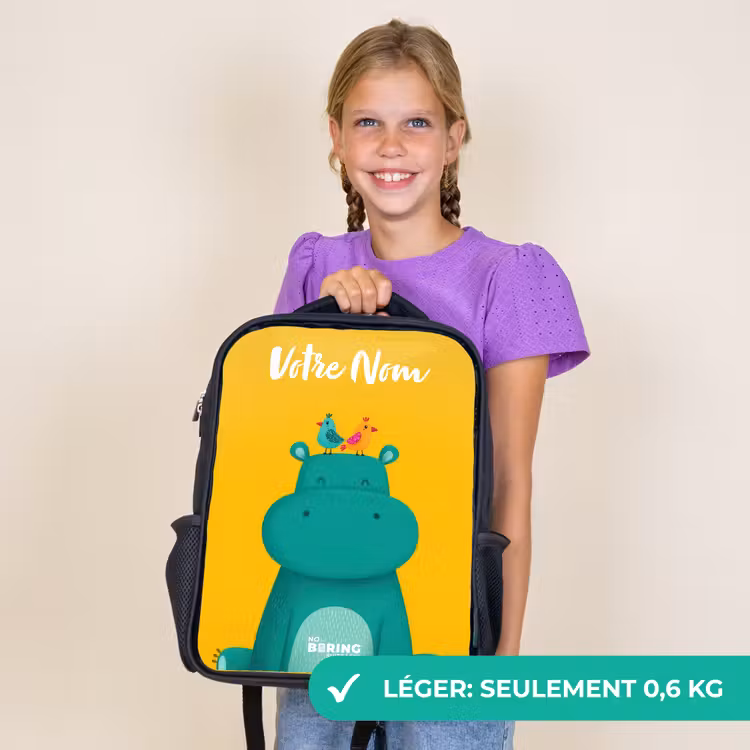 Sac à dos enfant avec votre nom - Noir - Hippo - Oiseaux - Jaune — 9