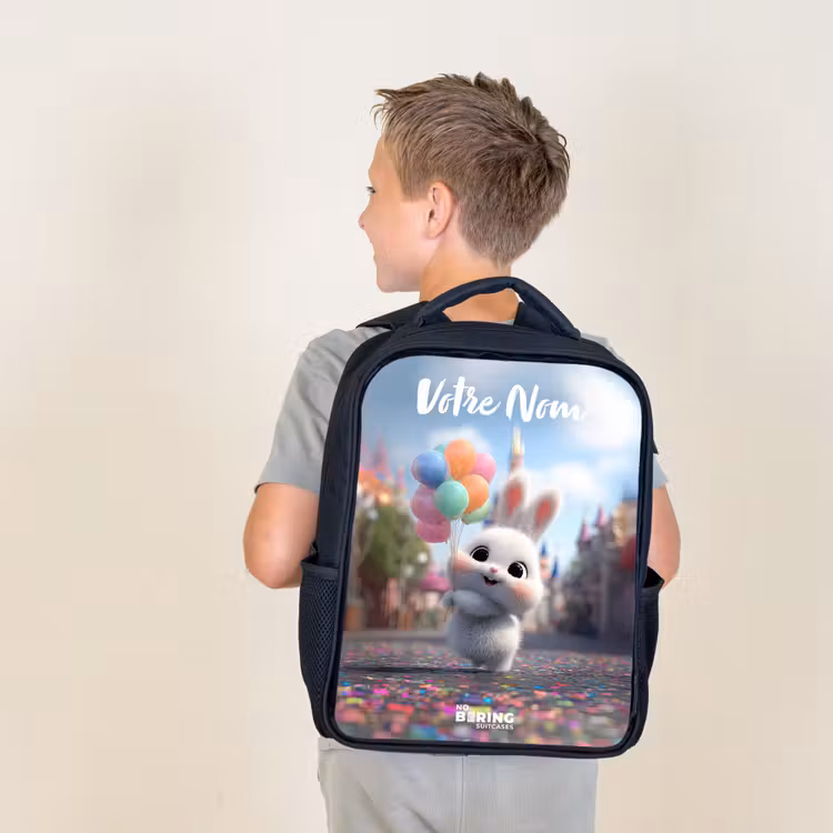 Sac à dos enfant avec votre nom - Noir - lapin - Ballons — 2
