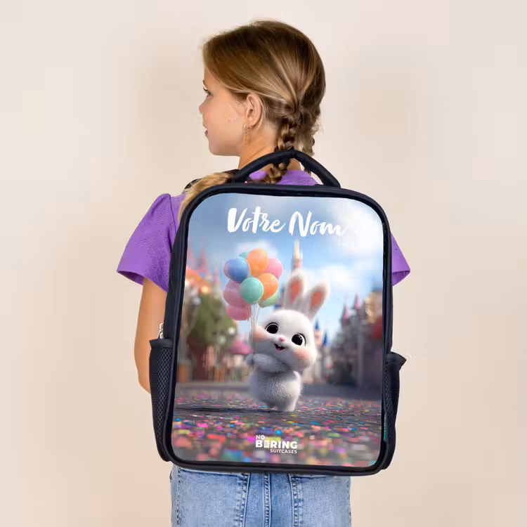 Sac à dos enfant avec votre nom - Noir - lapin - Ballons — 4