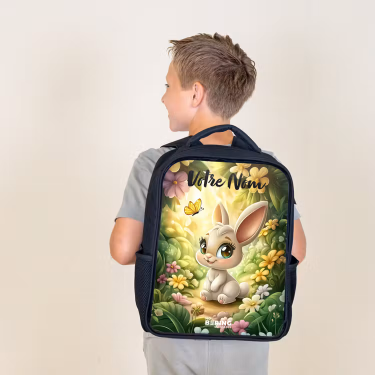 Sac à dos enfant avec votre nom - Noir - Lapin - Soleil - Conte de fées - Papillon — 2
