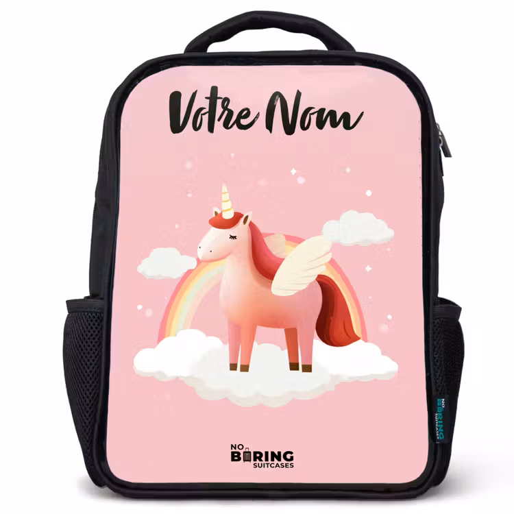 Sac à dos enfant avec votre nom - Noir - Licorne - Ailes - Rose - Arc-en-ciel — 1