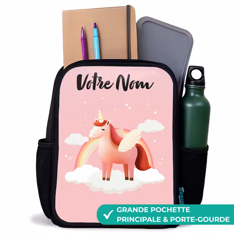 Sac à dos enfant avec votre nom - Noir - Licorne - Ailes - Rose - Arc-en-ciel — 10