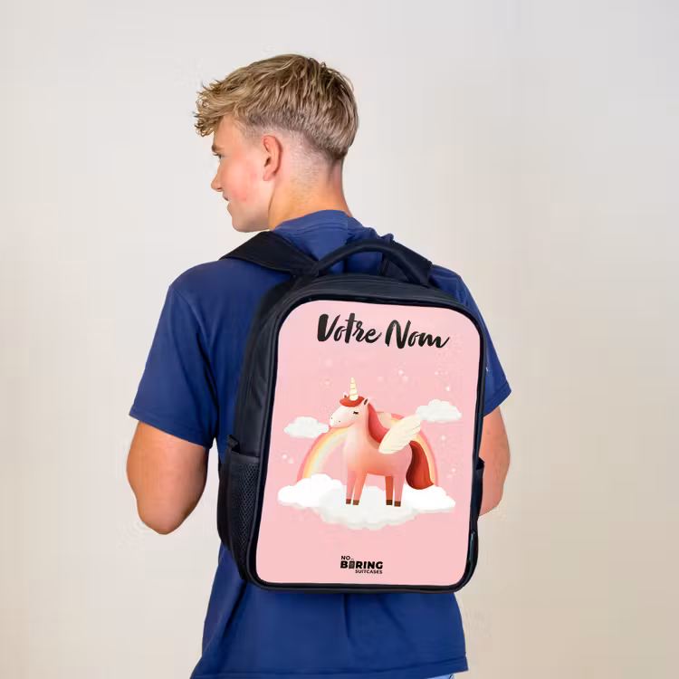 Sac à dos enfant avec votre nom - Noir - Licorne - Ailes - Rose - Arc-en-ciel — 5