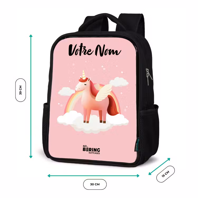 Sac à dos enfant avec votre nom - Noir - Licorne - Ailes - Rose - Arc-en-ciel — 8