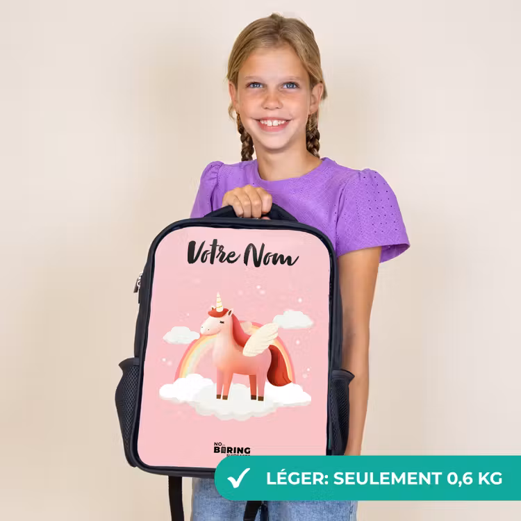 Sac à dos enfant avec votre nom - Noir - Licorne - Ailes - Rose - Arc-en-ciel — 9