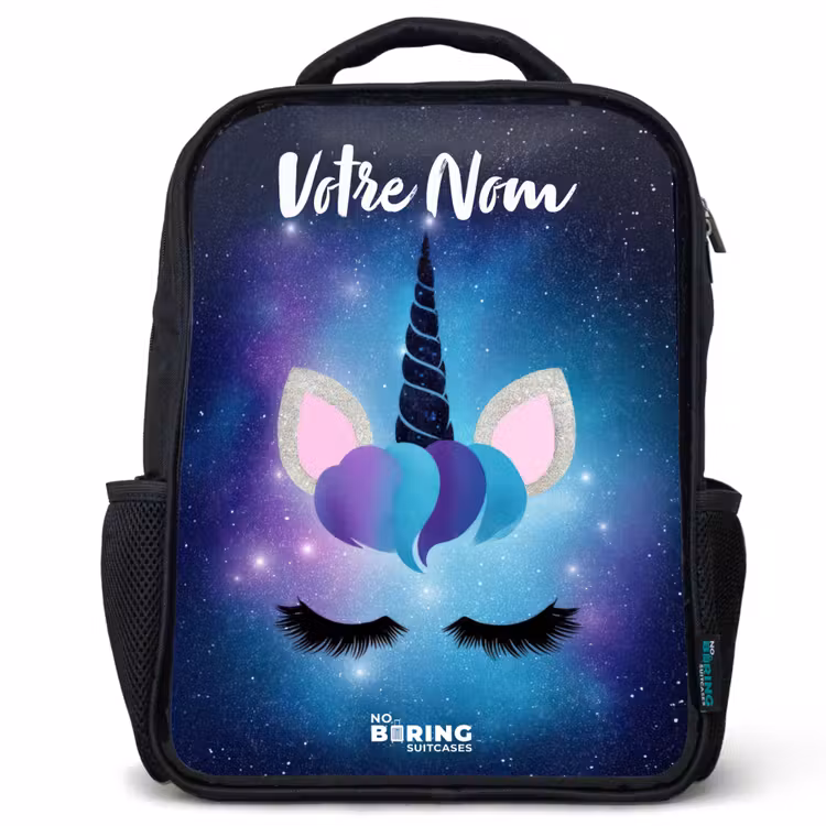 Sac à dos enfant avec votre nom - Noir - Licorne - Étoiles - Bleu — 1