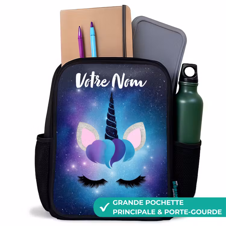 Sac à dos enfant avec votre nom - Noir - Licorne - Étoiles - Bleu — 10