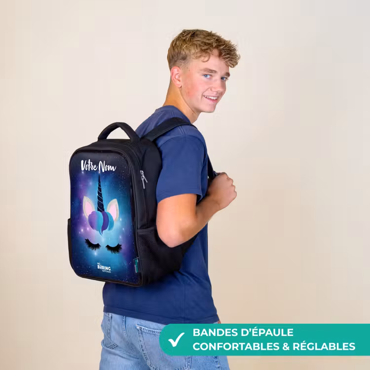 Sac à dos enfant avec votre nom - Noir - Licorne - Étoiles - Bleu — 11