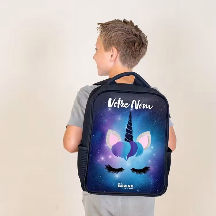 Sac à dos enfant avec votre nom - Noir - Licorne - Étoiles - Bleu — 2