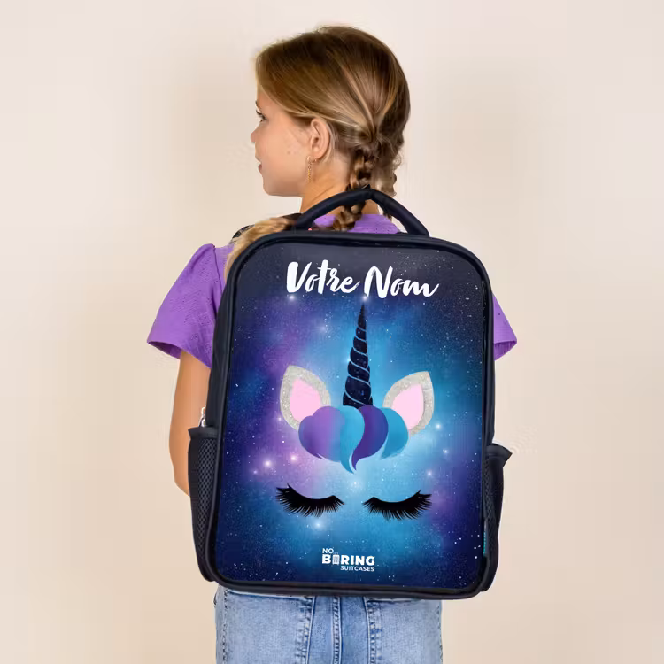 Sac à dos enfant avec votre nom - Noir - Licorne - Étoiles - Bleu — 4