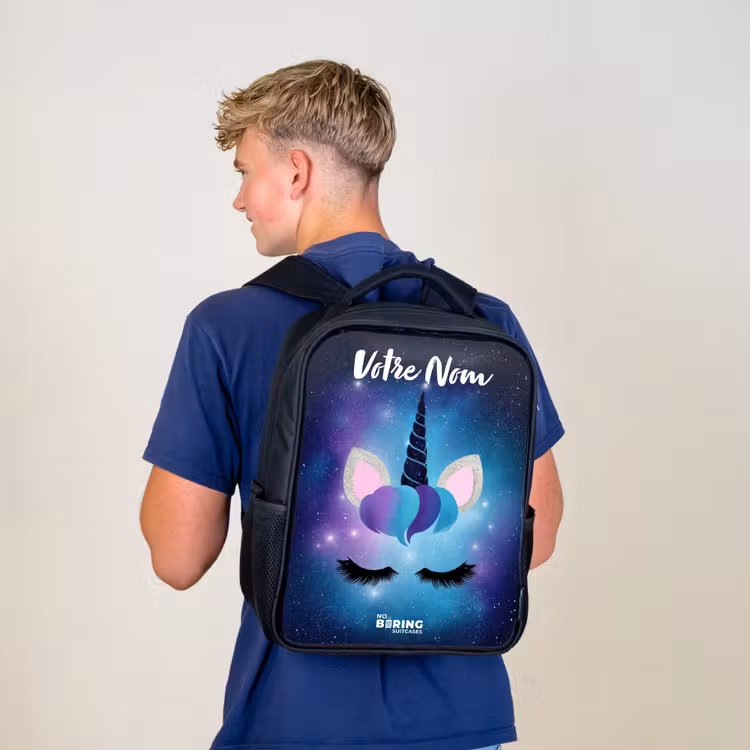 Sac à dos enfant avec votre nom - Noir - Licorne - Étoiles - Bleu — 5