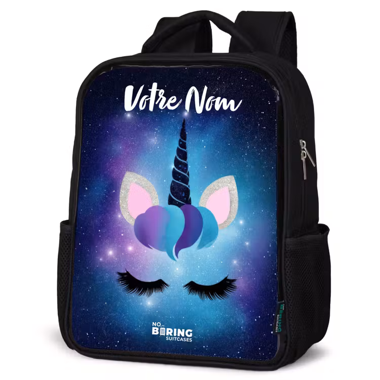 Sac à dos enfant avec votre nom - Noir - Licorne - Étoiles - Bleu — 6