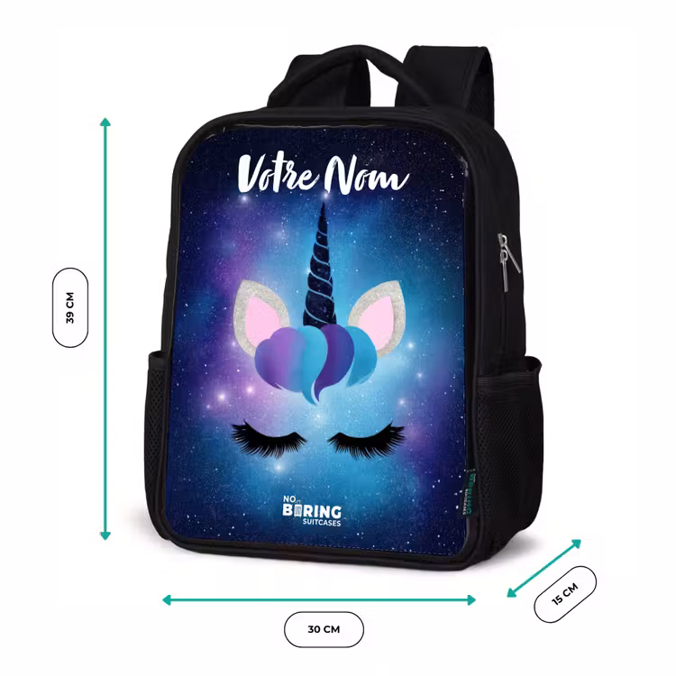 Sac à dos enfant avec votre nom - Noir - Licorne - Étoiles - Bleu — 8