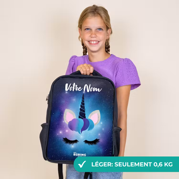Sac à dos enfant avec votre nom - Noir - Licorne - Étoiles - Bleu — 9
