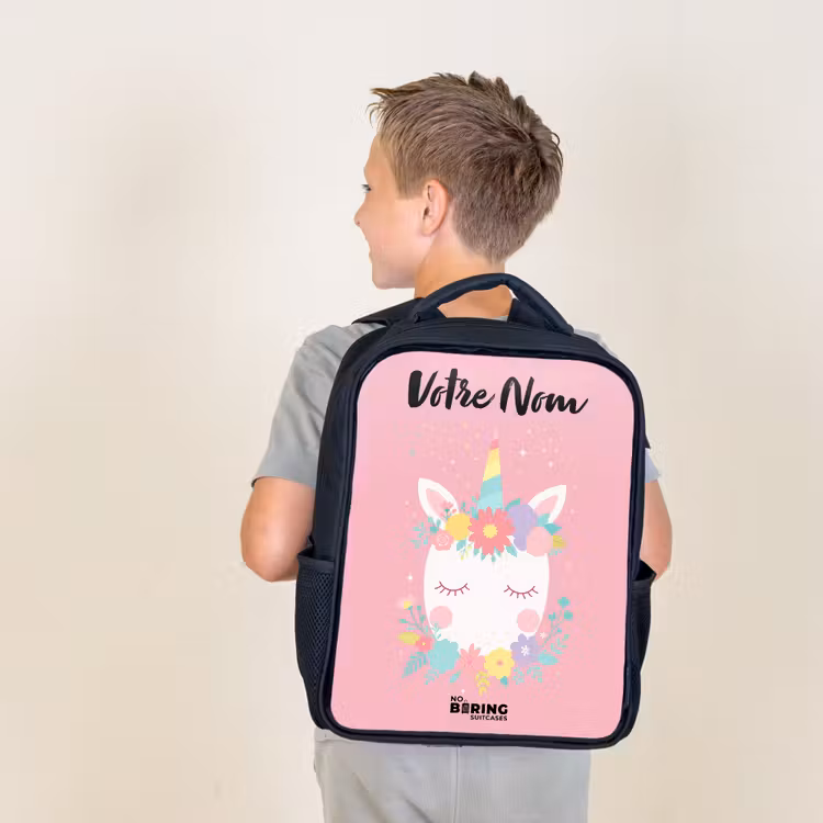 Sac à dos enfant avec votre nom - Noir - Licorne - Fleurs - Rose — 2