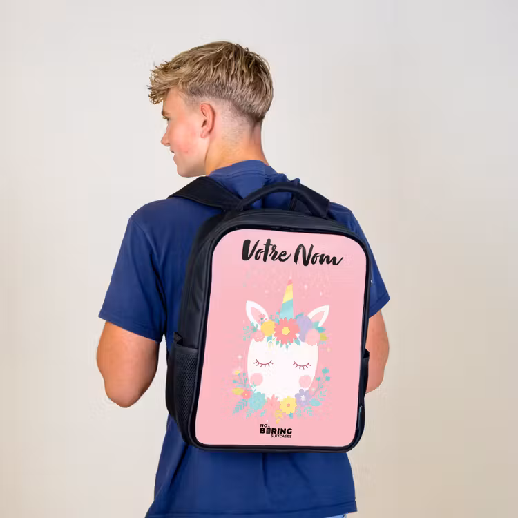 Sac à dos enfant avec votre nom - Noir - Licorne - Fleurs - Rose — 5