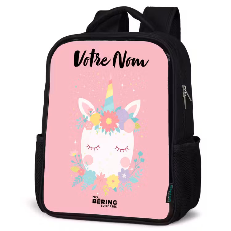Sac à dos enfant avec votre nom - Noir - Licorne - Fleurs - Rose — 6