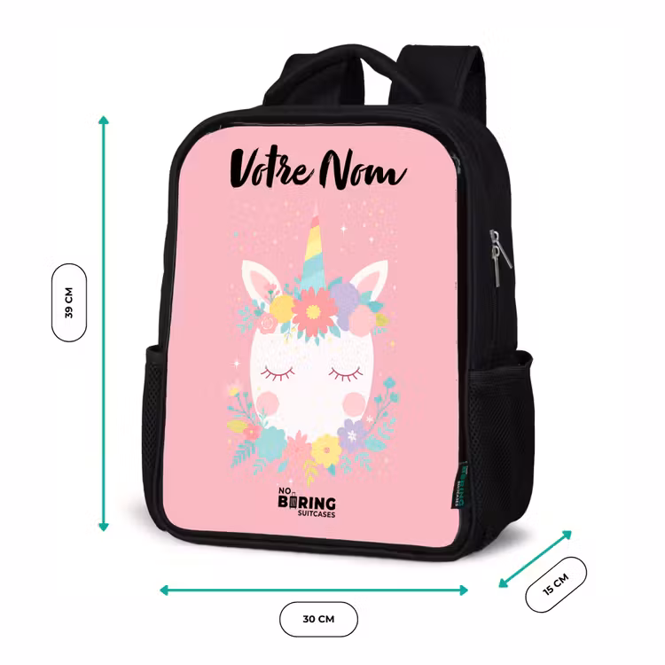 Sac à dos enfant avec votre nom - Noir - Licorne - Fleurs - Rose — 8
