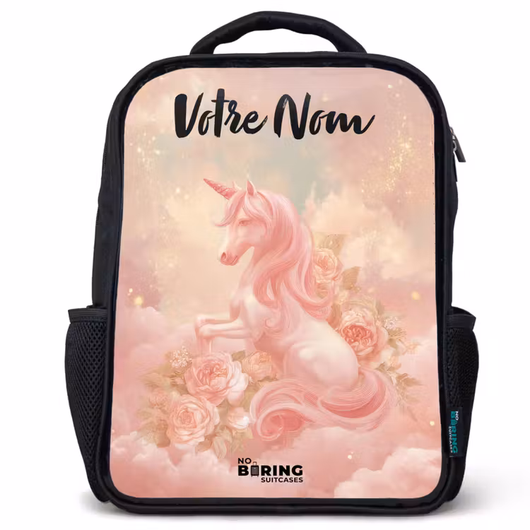 Sac à dos enfant avec votre nom - Noir - Licorne - Nuages - Rose — 1