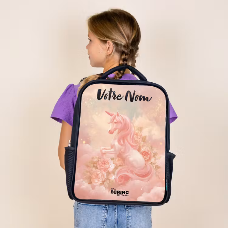 Sac à dos enfant avec votre nom - Noir - Licorne - Nuages - Rose — 4