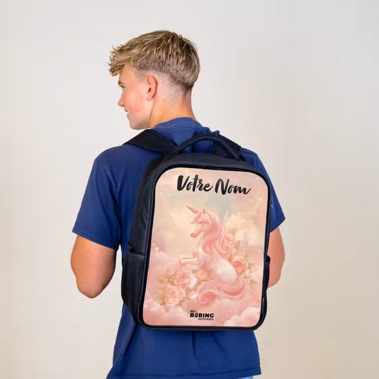 Sac à dos enfant avec votre nom - Noir - Licorne - Nuages - Rose — 5