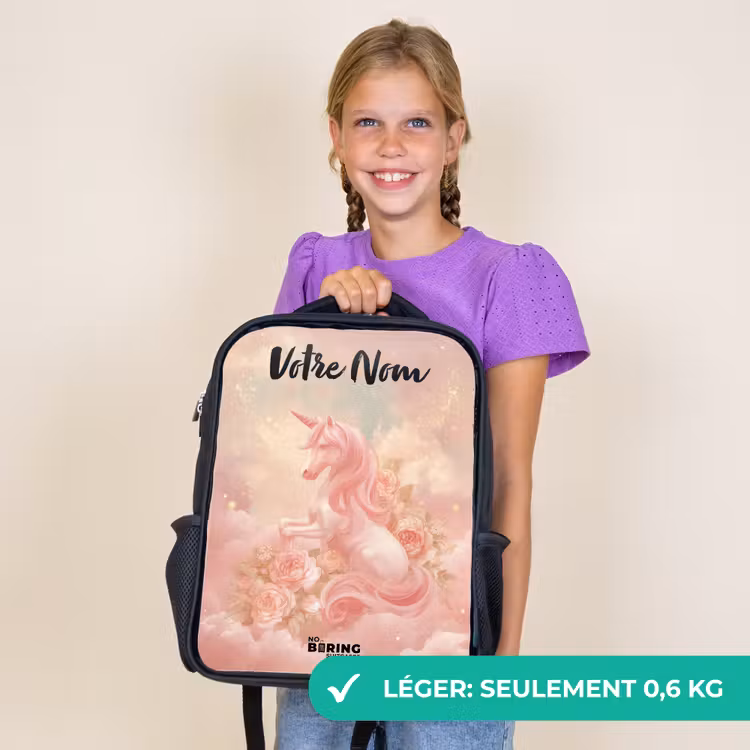Sac à dos enfant avec votre nom - Noir - Licorne - Nuages - Rose — 9