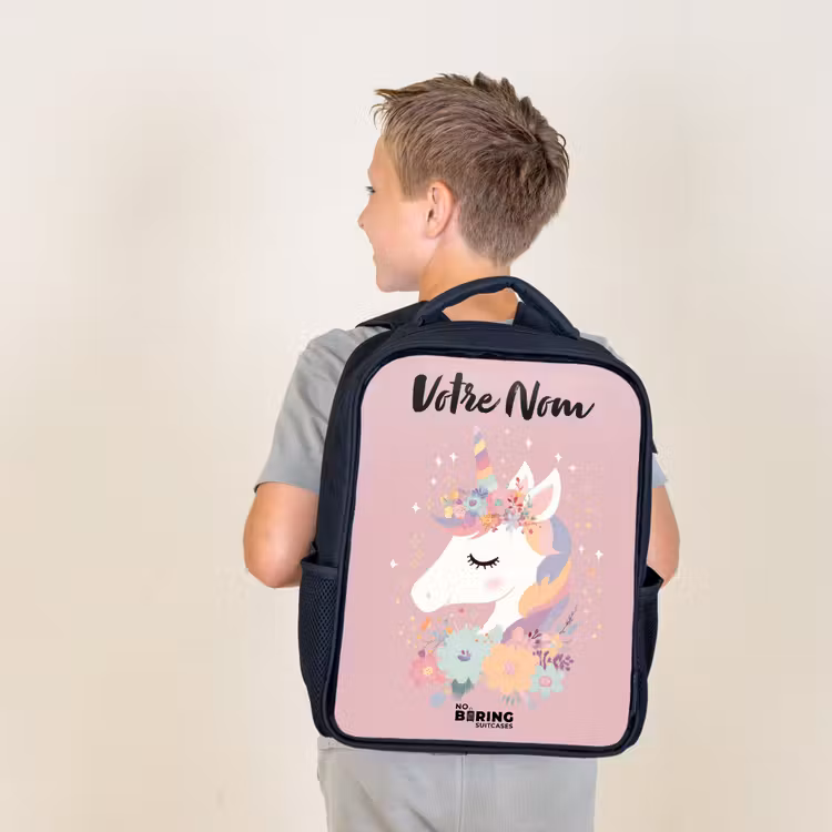 Sac à dos enfant avec votre nom - Noir - Licorne - Rose - Fleurs — 2