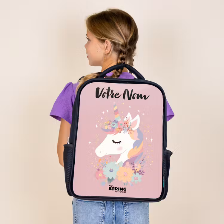 Sac à dos enfant avec votre nom - Noir - Licorne - Rose - Fleurs — 4
