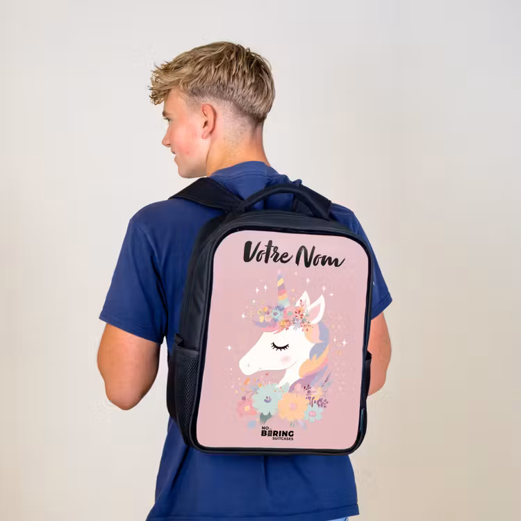 Sac à dos enfant avec votre nom - Noir - Licorne - Rose - Fleurs — 5