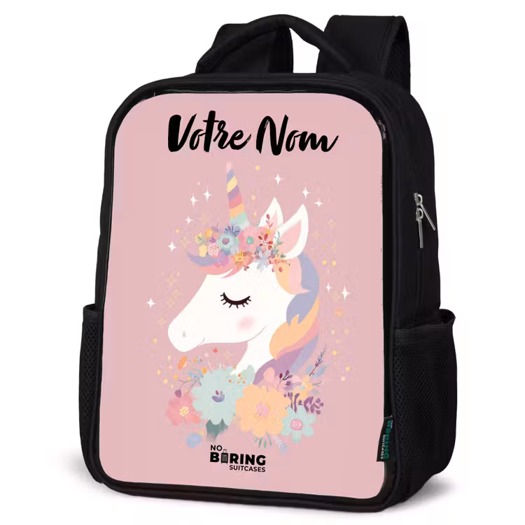 Sac à dos enfant avec votre nom - Noir - Licorne - Rose - Fleurs — 6