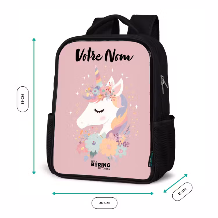Sac à dos enfant avec votre nom - Noir - Licorne - Rose - Fleurs — 8