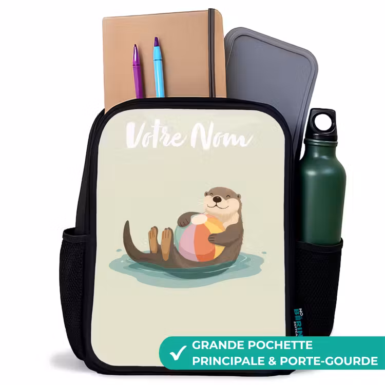 Sac à dos enfant avec votre nom - Noir - Loutre - Ballon de plage - Eau — 10