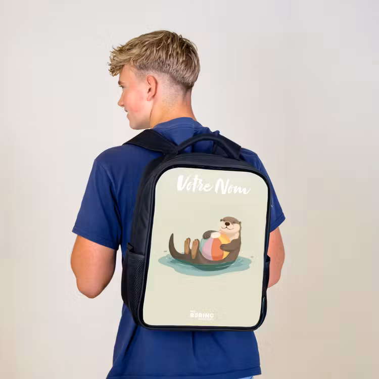 Sac à dos enfant avec votre nom - Noir - Loutre - Ballon de plage - Eau — 5