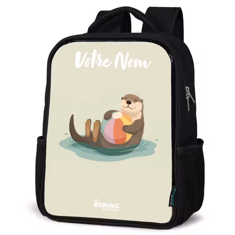 Sac à dos enfant avec votre nom - Noir - Loutre - Ballon de plage - Eau — 6