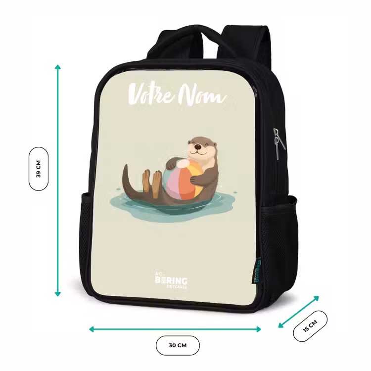 Sac à dos enfant avec votre nom - Noir - Loutre - Ballon de plage - Eau — 8