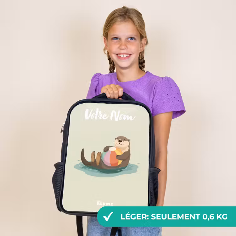 Sac à dos enfant avec votre nom - Noir - Loutre - Ballon de plage - Eau — 9