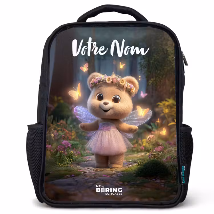 Sac à dos enfant avec votre nom - Noir - Ours - Papillons - Forêt - Fée — 1