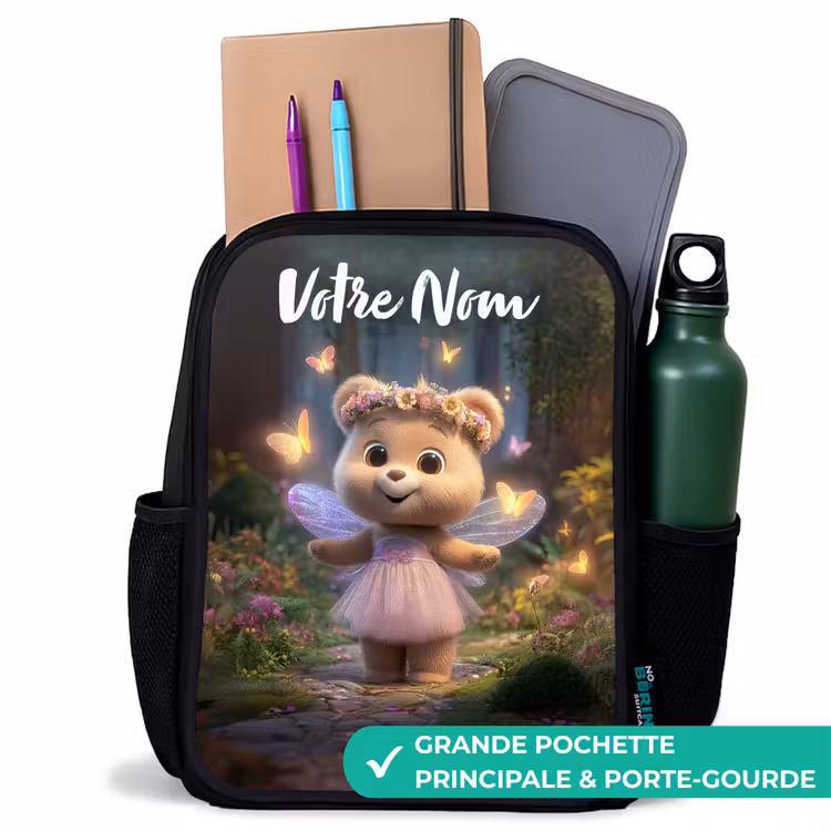 Sac à dos enfant avec votre nom - Noir - Ours - Papillons - Forêt - Fée — 10
