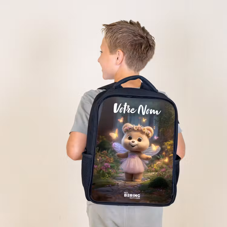 Sac à dos enfant avec votre nom - Noir - Ours - Papillons - Forêt - Fée — 2