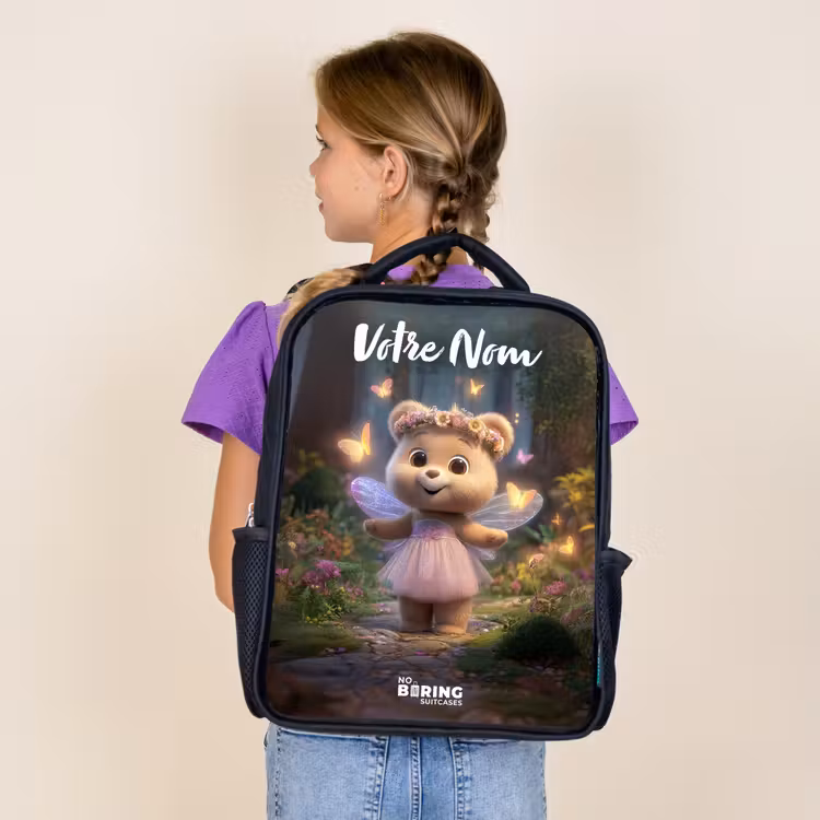 Sac à dos enfant avec votre nom - Noir - Ours - Papillons - Forêt - Fée — 4