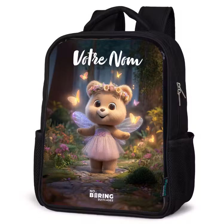 Sac à dos enfant avec votre nom - Noir - Ours - Papillons - Forêt - Fée — 6