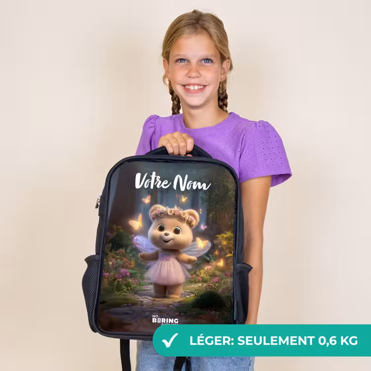 Sac à dos enfant avec votre nom - Noir - Ours - Papillons - Forêt - Fée — 9