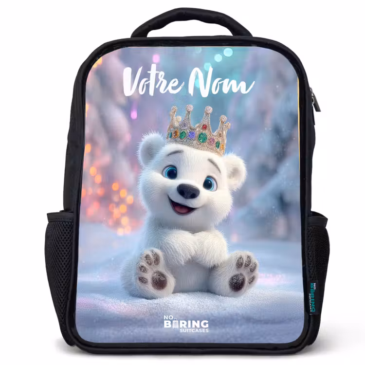 Sac à dos enfant avec votre nom - Noir - Ours polaire - Couronne - Hiver — 1