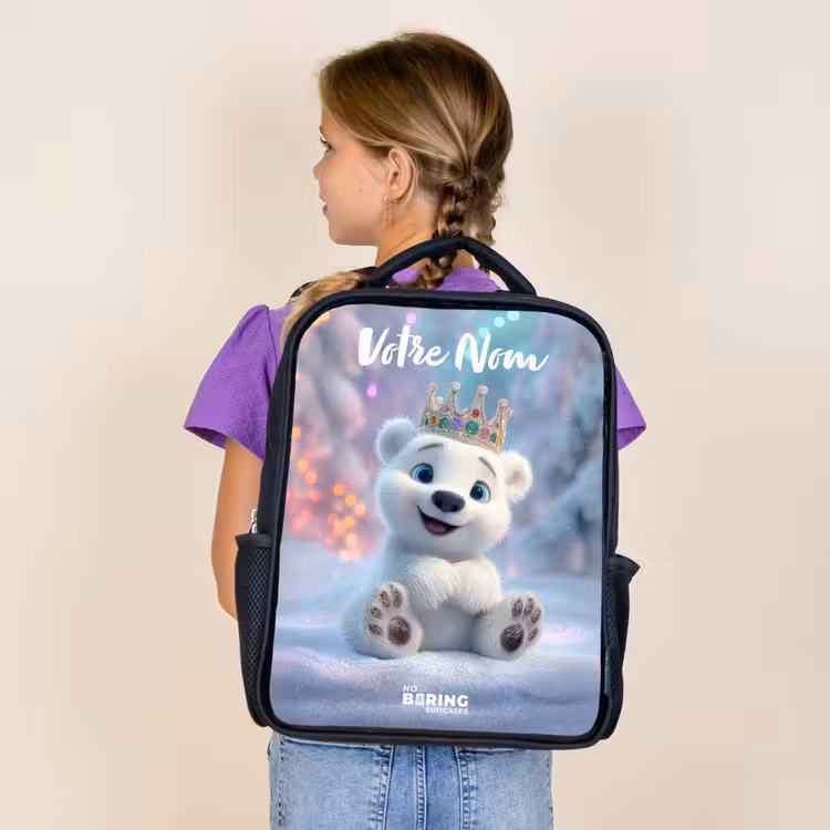 Sac à dos enfant avec votre nom - Noir - Ours polaire - Couronne - Hiver — 4