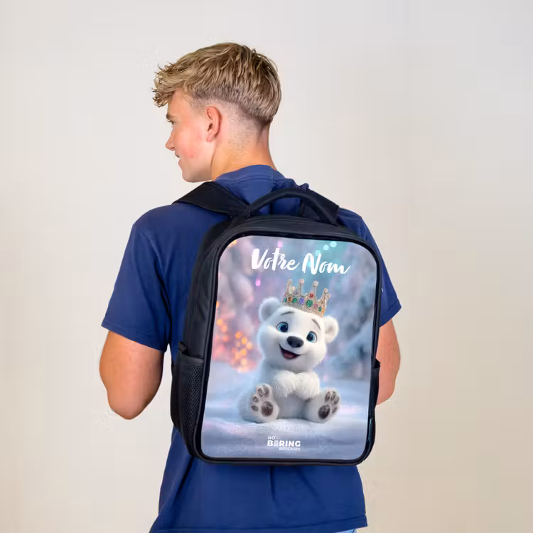 Sac à dos enfant avec votre nom - Noir - Ours polaire - Couronne - Hiver — 5