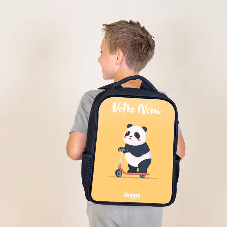 Sac à dos enfant avec votre nom - Noir - Panda - Marchepied - Jaune — 2