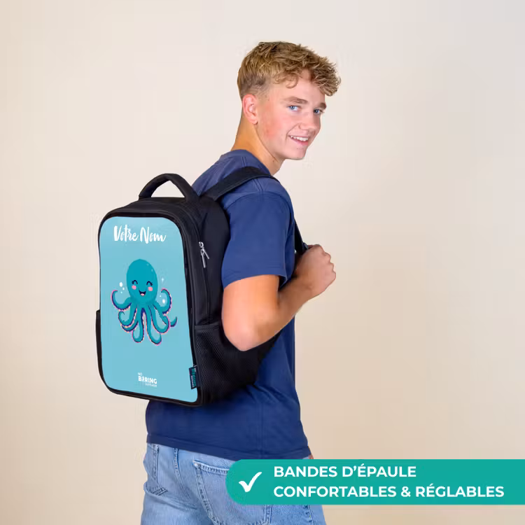 Sac à dos enfant avec votre nom - Noir - Pieuvre - Eau - Bleu — 11