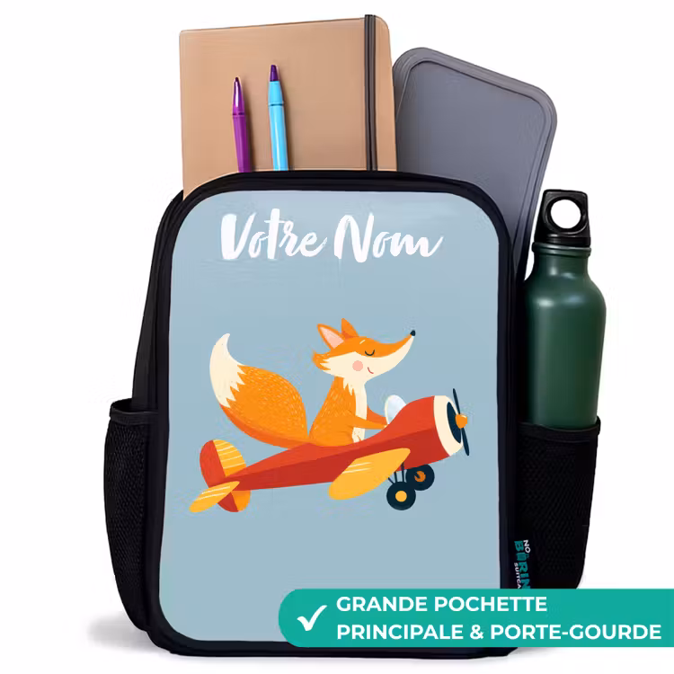 Sac à dos enfant avec votre nom - Noir - Renard - Avion - Mouches — 10