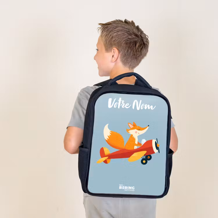 Sac à dos enfant avec votre nom - Noir - Renard - Avion - Mouches — 2