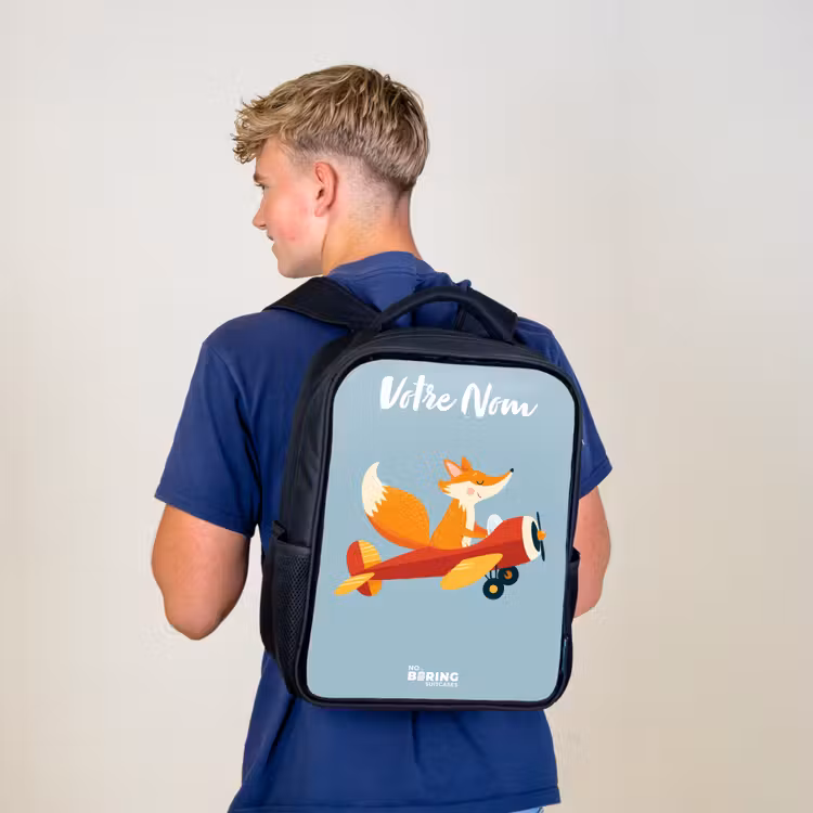 Sac à dos enfant avec votre nom - Noir - Renard - Avion - Mouches — 5